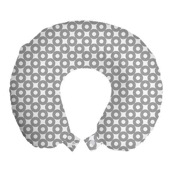 Geometric Circle Travel Pillow Neck Rest, Vinyl Records Inspired Concentric Rings Curve Grids Artwork Print, Memory Foam Traveling Accessory Airplane and Car, 12", Black Grey, by Ambesonne