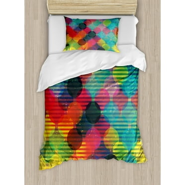 Geometric Circle Duvet Cover Set, Psychedelic Digital Futuristic Spherical Funky Grunge Display, Decorative 2 Piece Bedding Set with 1 Pillow Shams, Twin Size, Multicolor, by Ambesonne