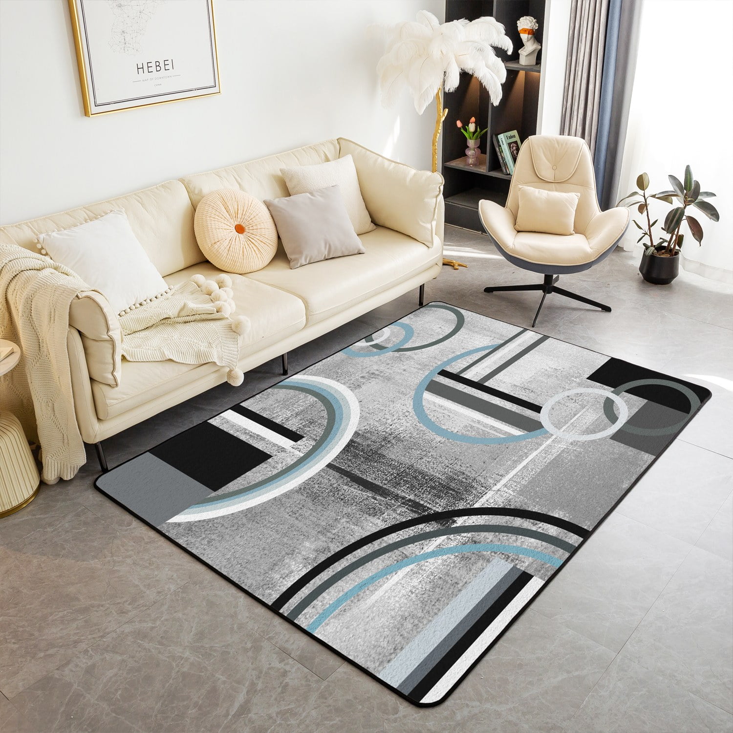 Geometric Circles Area Rugs 3x5 for Bedside Living Room,Black Gray Rug