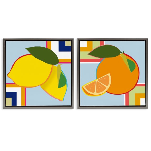 Stupell Industries Geometric Citrus Fruit 2 Piece Gray Framed Floater Canvas Set, design by Daniela Santiago, 18 x 18
