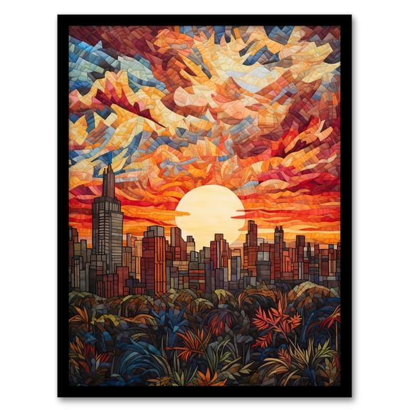 Geometric Cityscape Sunset Modern Bold Vibrant Artwork Painting Artwork Framed Wall Art Print A4