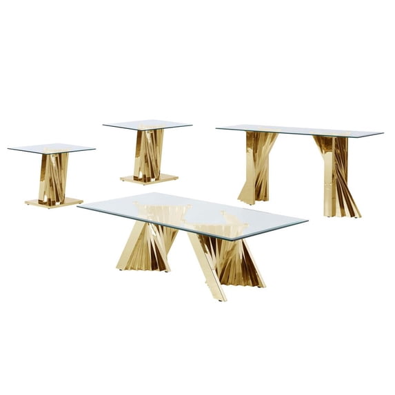 Geometric Clear Glass Coffee + 2 End + Console Set with Gold Stainless Steel