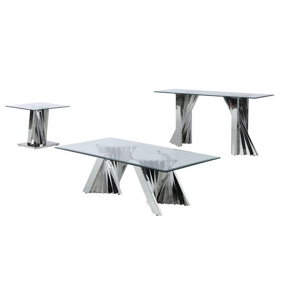 Geometric Clear Glass Coffee + End + Console Set with Silver Stainless Steel