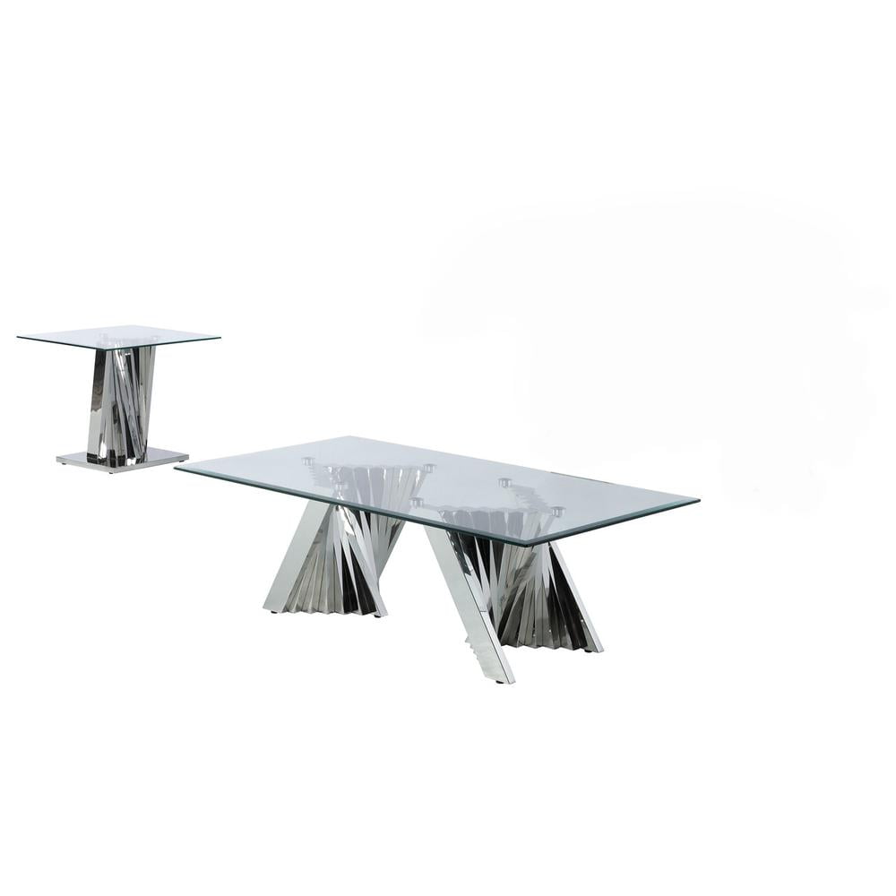 55" Glass Coffee Table and End Table Set with Stainless Steel Base