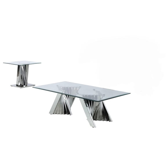 Geometric Clear Glass Coffee + End Table Set with Silver Stainless Steel