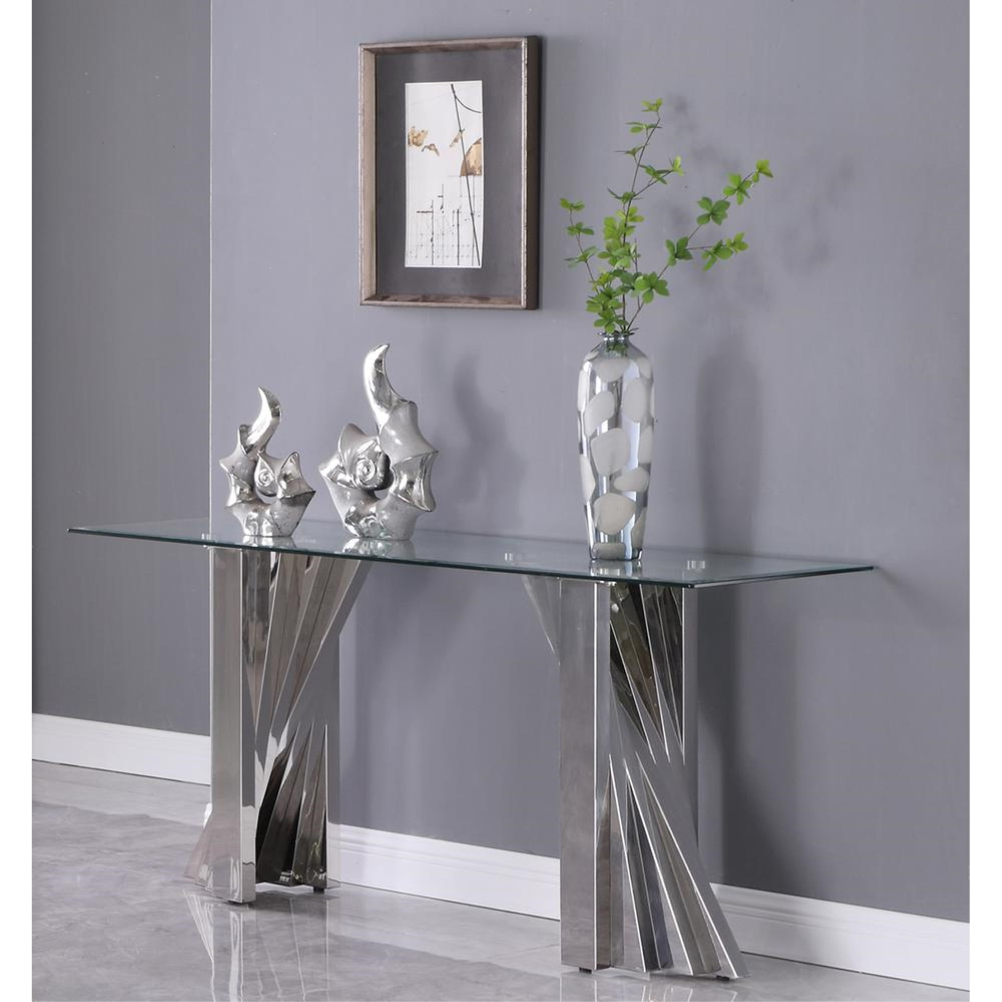 Modern Tempered Glass Console Table with Stainless Steel Spiral Base