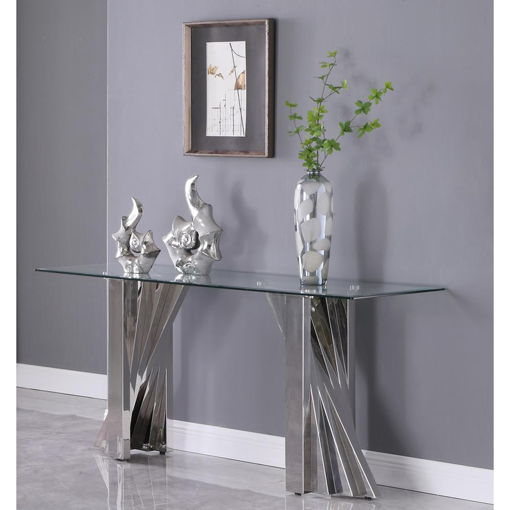 Modern Tempered Glass Console Table with Stainless Steel Spiral Base