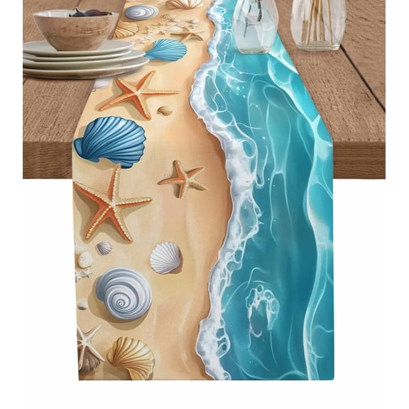 Geometric Coastal Table Runner Cotton Linen 108 Inch Holiday Dresser Scarves, Cartoon Starfish Shell Sea Waves Tablerunner for Kitchen Coffee Dining Bedroom Living Room Dinner Scarf Décor 13''x108''