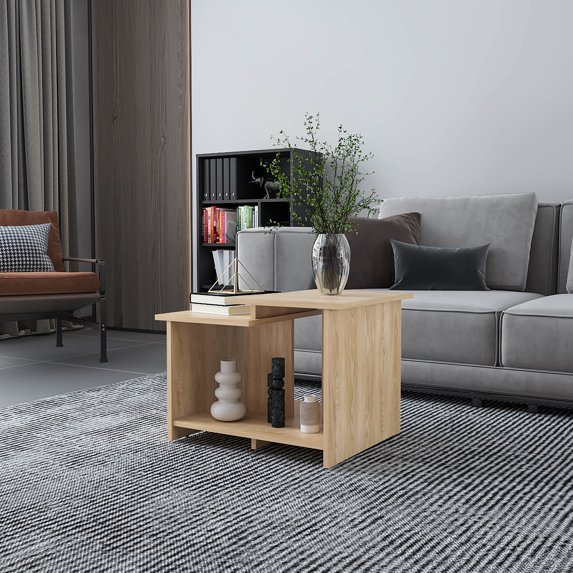 Geometric Coffee Table, Open Compartments, Natural Oak Finish Living Room Table With Storage, Wood Look , Modern