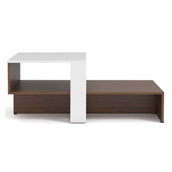 Geometric Coffee Table with Storage, 2 Tier Living Room Tables, White+Brown Engineered Wood, 31"x16"x13", Modern Design