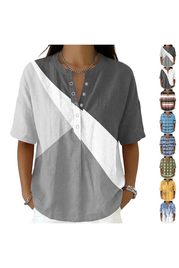 Geometric Colorblock Henley Top for Women, Short Sleeve V-Neck Button Down Tunic - Minimalist Casual Blouse with Curved Hem Sky Blue S