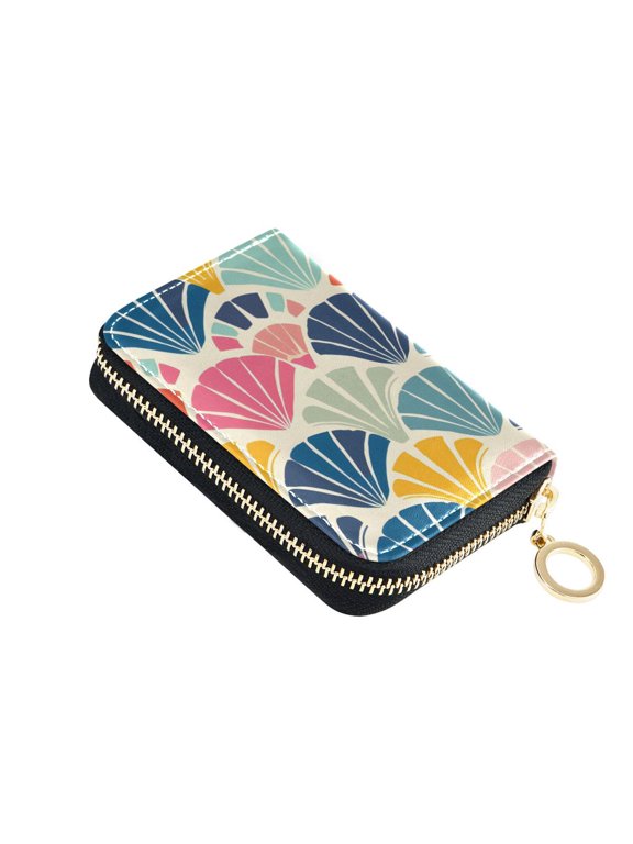 Geometric Colorful Shell Pattern Women's Credit Card Holder PU Leather Zipper Wallet RFID Blocking