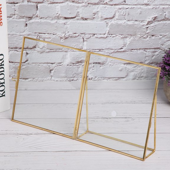 Geometric Copper & Glass Specimen Display Frame with Bracket - 5.5 x 6.3 1.9 Inch Gold Edge Plant Holder 7cm glass Bracket