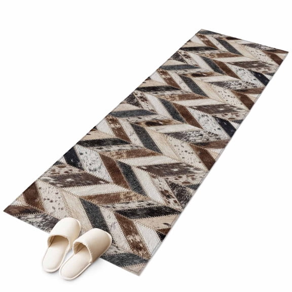 Geometric Cow Print Kitchen Runner Rug 2x6 Washable Runners for Hallway Non Slip Farmhouse Country Cowhide Fur Brown Large Area Rug Indoor Carpet for Bathroom Laundry Entryway Bedroom Living Room
