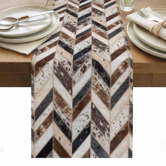Geometric Cow Print Table Runner Farmhouse Country Cowhide Fur Brown Tablerunners 13 x 36 Inch, Table Decorations Tabletop Scarf for Summer Gathering Holiday Farmhouse Kitchen Dining Decor