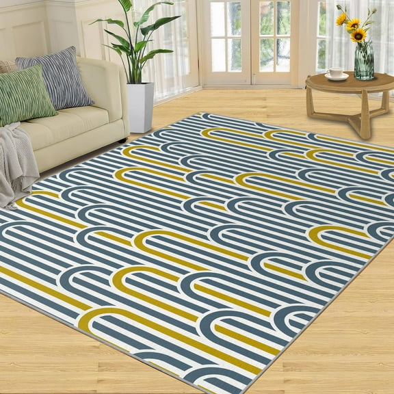 Geometric Creative Rug, Blue Yellow Area Rugs For Bedroom, Upholstery Carpet With Non-Slip Backing, Soft Washable Rugs For Living Room Study Room