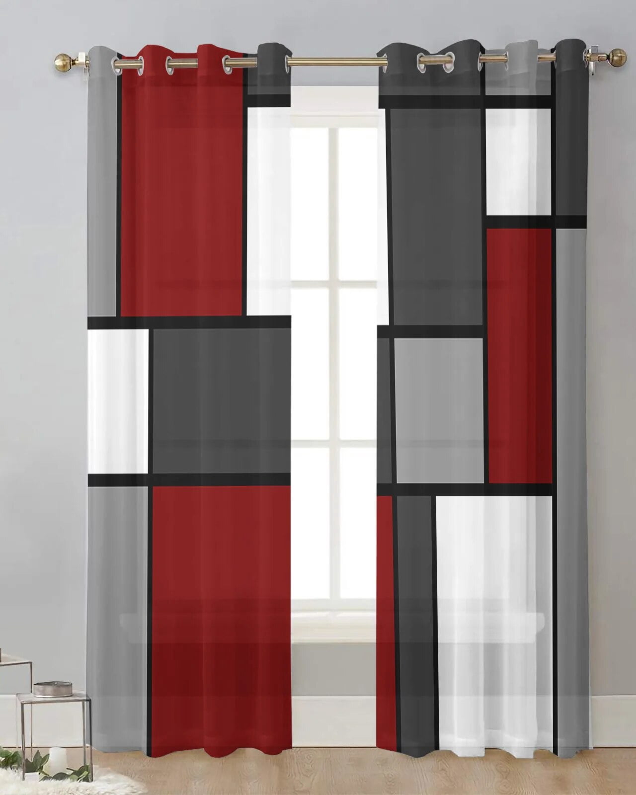 Transparent Rations Geometric Crimson Abstract Tulle Living Room ration Transparent Sheer ...
