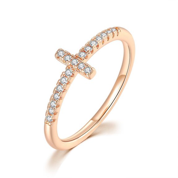 Geometric Cross Micro Pave Zircon Inlaid Copper Ring, European American Style Fashion Jewelry