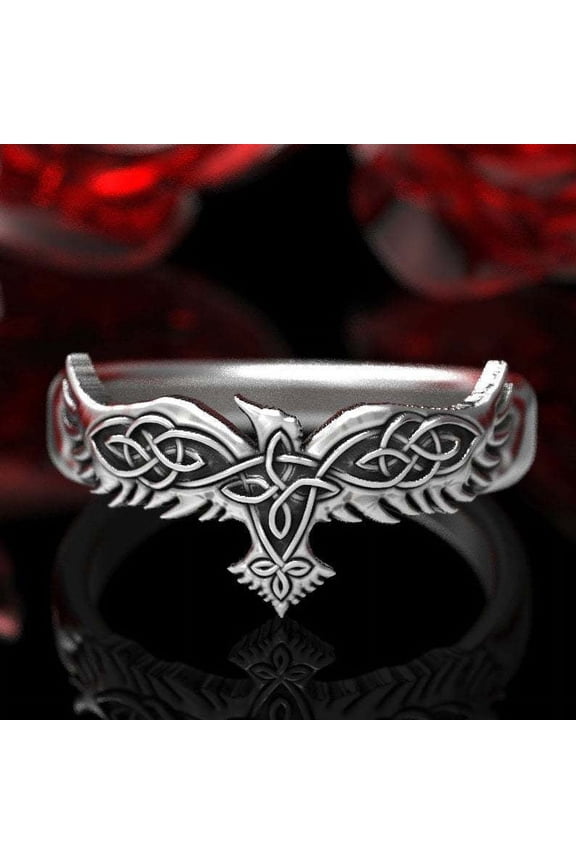 Unisex Geometric Crow Ring Ancient Silver Finish Metal Statement Ring Fashion Jewelry Accessory for Men and Women Bird