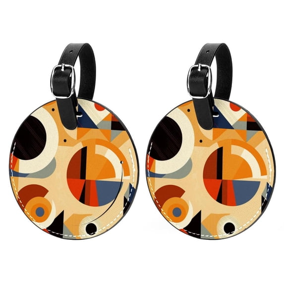 Geometric Cube 2Pcs PU Leather Round Luggage Tags with Privacy Cover and Name ID Tag for Suitcase, Handbags, Backpacks, School Bags