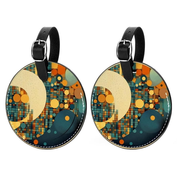 Geometric Cube 2pcs PU Leather Round Bag Tags Suitcase Handbag Tags with Privacy Cover and Name ID Tag for Travel Luggage, Handbags, Backpacks, School Bags