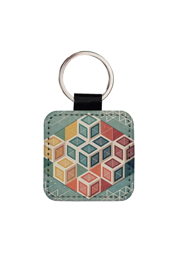 Geometric Cube Pattern Design Faux Leather Square Keychain