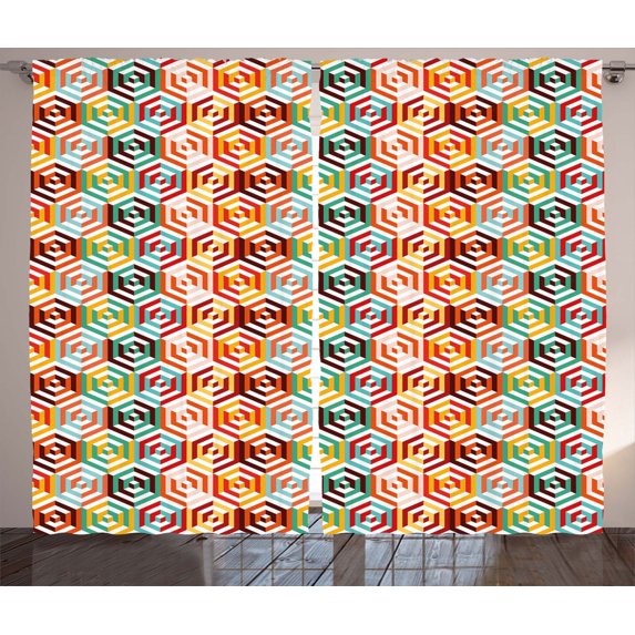 Ambesonne Geometric Curtains 2 Panel Set, Hexagonal Shape Retro, 108" x 108", Mustard Orange