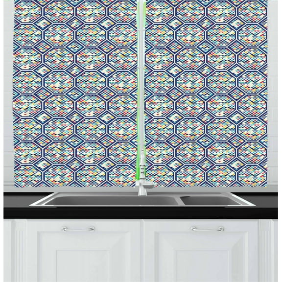Geometric Curtains 2 Panels Set, Abstract Pattern of Triangles and Hexagons as Continuous Mosaic Tiles Artwork, Window Drapes for Living Room Bedroom, 55W X 39L Inches, Multicolor, by Ambesonne