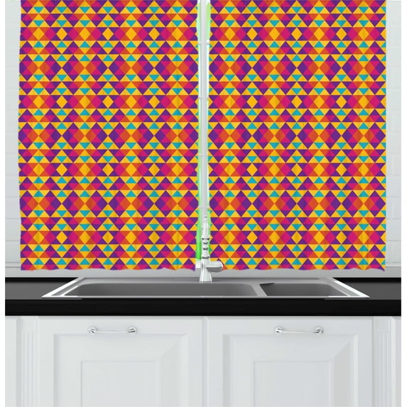 Geometric Curtains 2 Panels Set, Abstract Rhombus and Triangles Colorful Geometric Illustration Grid Style Mosaic, Window Drapes for Living Room Bedroom, 55"W X 39"L,Multicolor, by Ambesonne