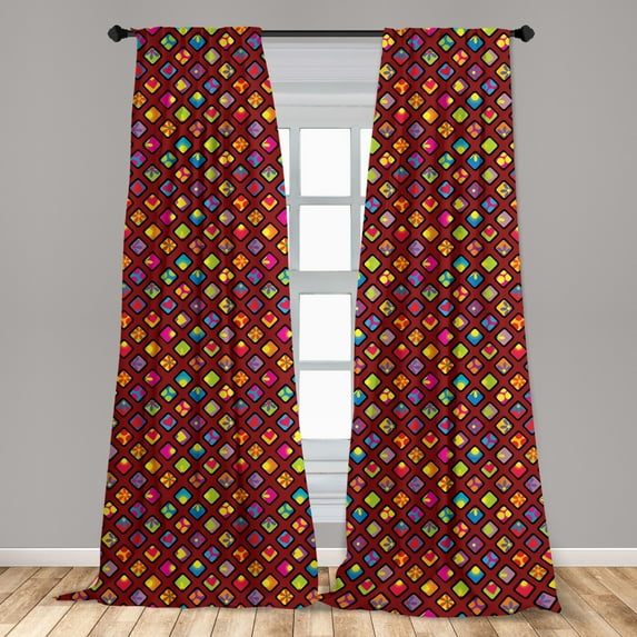 Geometric Curtains 2 Panels Set, Colorful Rhombuses with Heart Flower and Polka Dots Pattern Abstract Illustration, Window Drapes for Living Room Bedroom, 56"W X 84"L, Multicolor, by Ambesonne