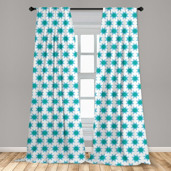 Geometric Curtains 2 Panels Set, Eastern Simplistic Bicolour Star Shapes Repetition, Window Drapes for Living Room Bedroom, 56"W X 63"L, Dark Seafoam Pale Blue, by Ambesonne