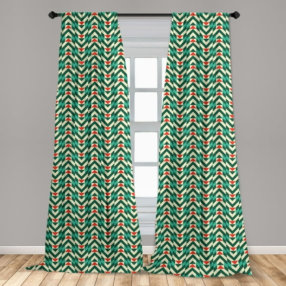 Geometric Curtains 2 Panels Set, Herringbone Pattern with Angled Stripes and Rhombuses Triangles, Window Drapes for Living Room Bedroom, 56"W X 84"L, Fern Green Vermilion, by Ambesonne