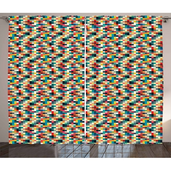 Ambesonne Geometric Curtains 2 Panel Set, Colorful Squares Grid, 108" x 63", Multicolor