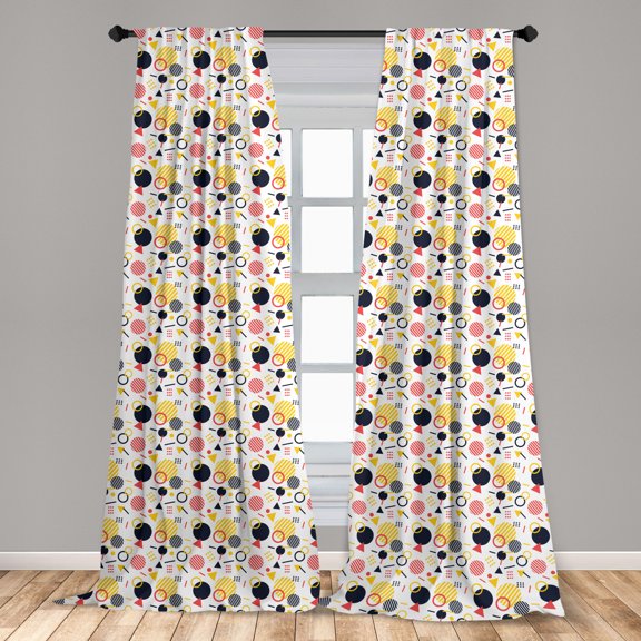 Geometric Curtains 2 Panels Set, Randomly Scattered Striped Spots Dots Circles Lines and Triangles Memphis Style, Window Drapes for Living Room Bedroom, 56"W X 63"L, Multicolor, by Ambesonne