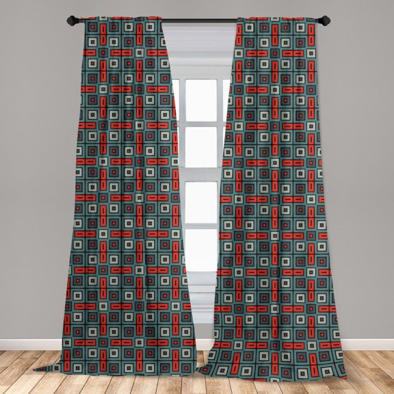 Geometric Curtains 2 Panels Set, Repeated Squares Ornamental Abstract Pattern in Style Retro Mosaic, Window Drapes for Living Room Bedroom, 56"W X 63"L, Vermilion Teal, by Ambesonne