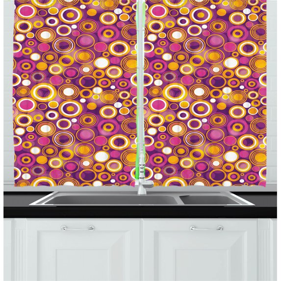 Geometric Curtains 2 Panels Set, Retro Style 70s like Vintage Circles and Rounds Water Drops like Image Artwork, Window Drapes for Living Room Bedroom, 55W X 39L Inches, Multicolor, by Ambesonne