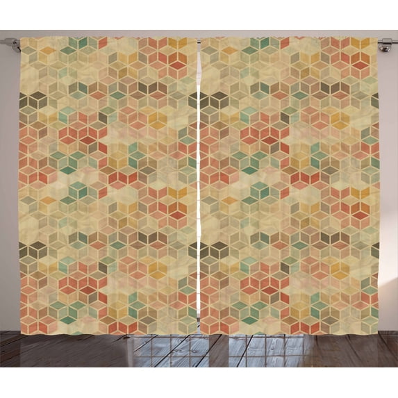 Ambesonne Geometric Curtains 2 Panel Set, Retro Cube Pattern, 108" x 108", Multicolor
