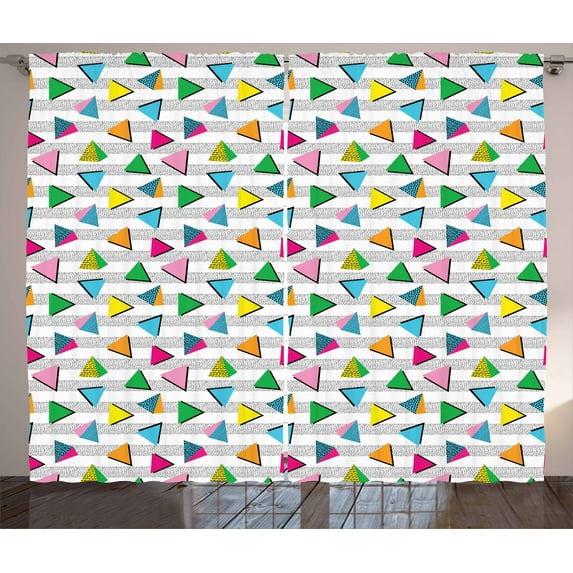 Geometric Curtains 2 Panels Set, Vintage Contrast Toned Triangles with Dots and Spouts 80s Avant Garde Art Deco, Window Drapes for Living Room Bedroom, 108W X 96L Inches, Multicolor, by Ambesonne