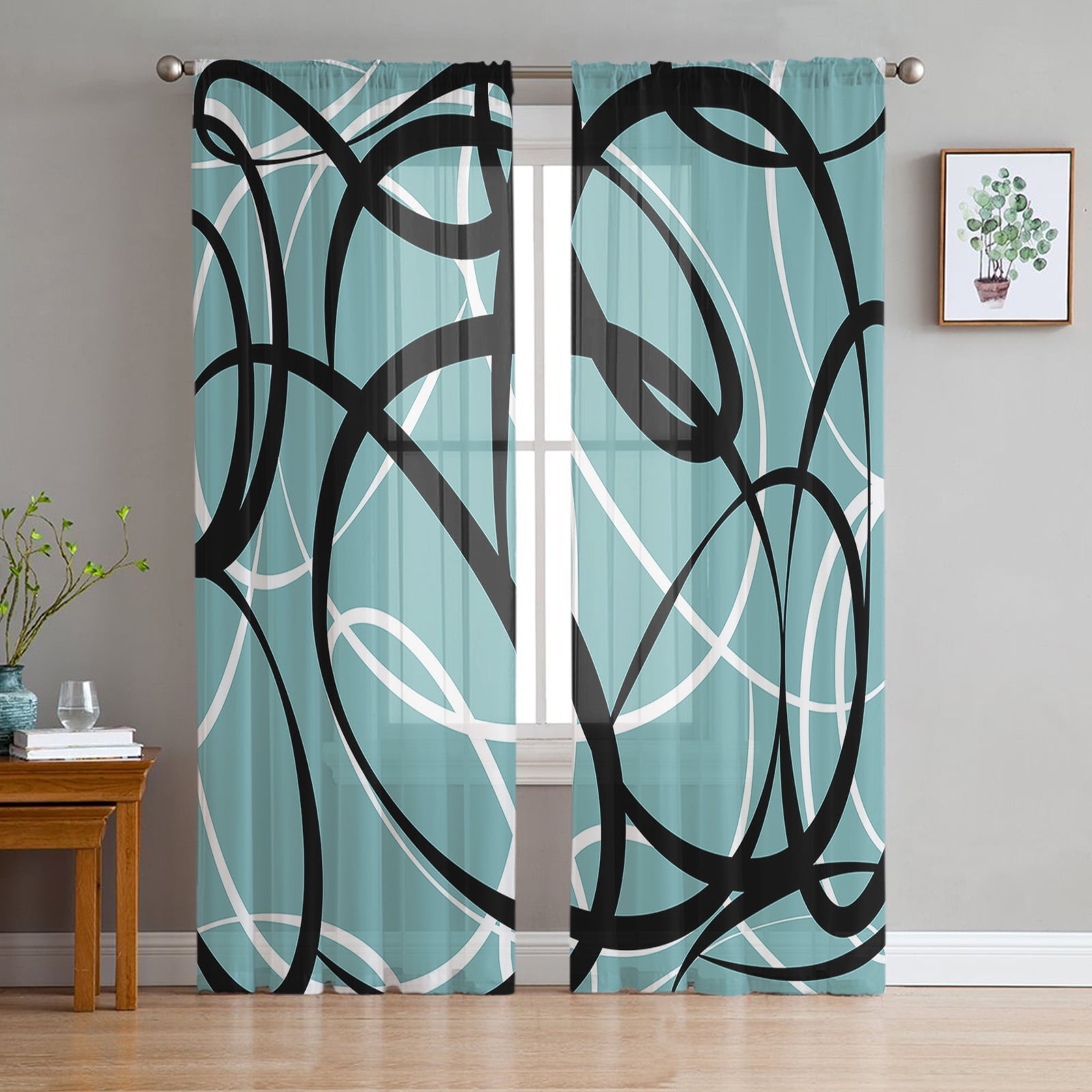 Geometric Curves Black White Blue Sheer Curtains for Living Room ration ...