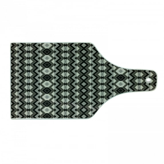 Geometric Cutting Board, Aztec Tribal Folk Zigzags Chevron Traditional Bohemian, Decorative Tempered Glass Cutting and Serving Board, Wine Bottle Shape, Charcoal Grey Black, by Ambesonne