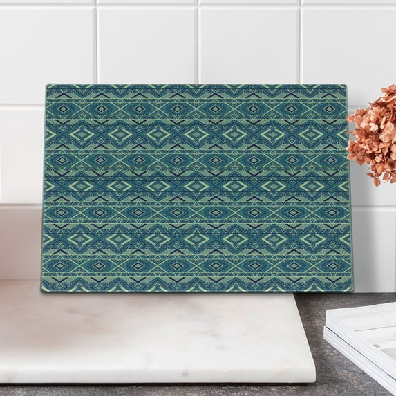 Geometric Cutting Board, Chevron Background with Folk Effects and Ikat Retro Display, Decorative Tempered Glass Cutting and Serving Board, Small Size, Earth Yellow Petrol Blue, by Ambesonne