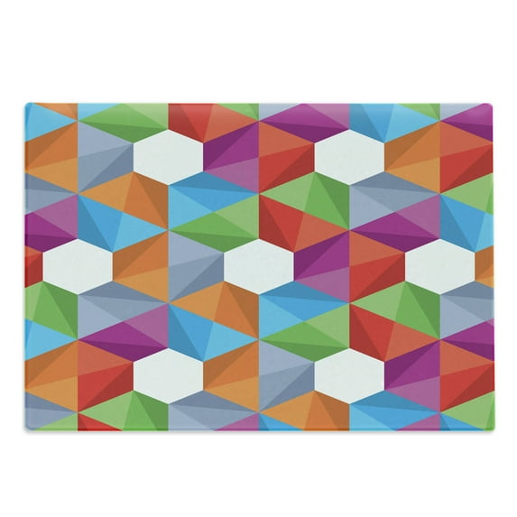 Geometric Cutting Board, Colorful Retro Geometric Triangle and Polygonal Mosaic Pattern Interior Design, Decorative Tempered Glass Cutting and Serving Board, Large Size, Multicolor, by Ambesonne