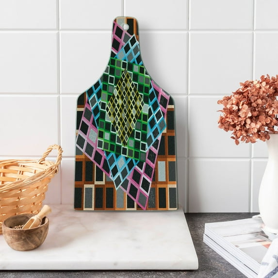 Geometric Cutting Board, Colorful Squares Framework Abstract Style Modern Graphic Design Art Print, Decorative Tempered Glass Cutting and Serving Board, Wine Bottle Shape, Multicolor, by Ambesonne