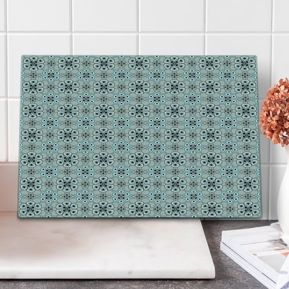 Geometric Cutting Board, Floral Arrangement and Ornamental Soft Toned Pattern Classical Petals Print, Decorative Tempered Glass Cutting and Serving Board, Large Size, Pale Grey Blue, by Ambesonne