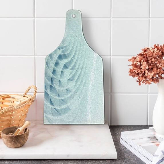 Geometric Cutting Board, Futuristic Digital Spirals with Dimensional Line Features Vortex Inspired Print, Tempered Glass Cutting and Serving Board, Wine Bottle Shape, Pale Blue, by Ambesonne