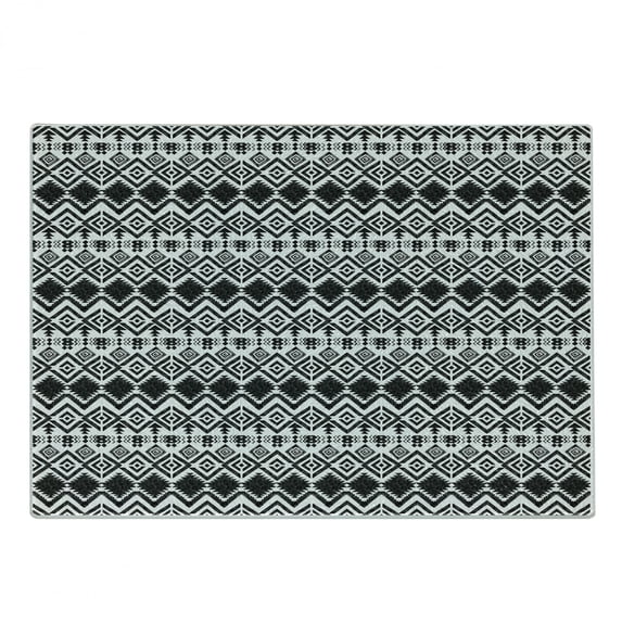 Geometric Cutting Board, Monochrome Hand Drawn Tribal Pattern Abstract Aztec Motifs Civilizations, Decorative Tempered Glass Cutting and Serving Board, Small Size, Black White, by Ambesonne
