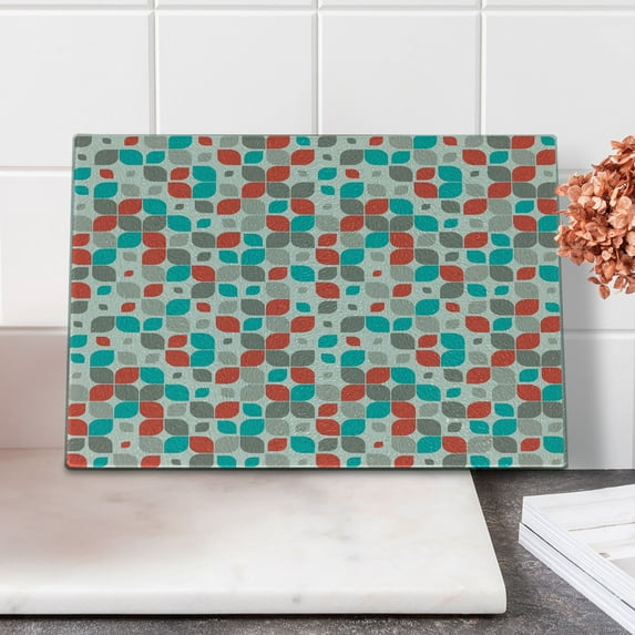 Geometric Cutting Board, Mosaic Motif with Traditional Fractal Forms Grid Graphic Print, Decorative Tempered Glass Cutting and Serving Board, Small Size, Warm Taupe Turquoise, by Ambesonne
