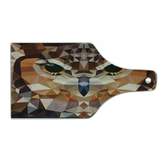 Geometric Cutting Board, Mosaic Owl Head in Linked Angled Triangle Forms Retro Style Funk Boho Design, Tempered Glass Cutting and Serving Board, Wine Bottle Shape, Orange Brown, by Ambesonne