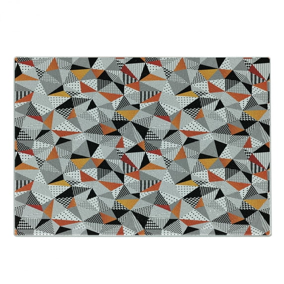 Geometric Cutting Board, Polygonal Pattern Checkered Design Triangles and Lines Pattern Modern Art, Decorative Tempered Glass Cutting and Serving Board, Small Size, Orange Black White, by Ambesonne