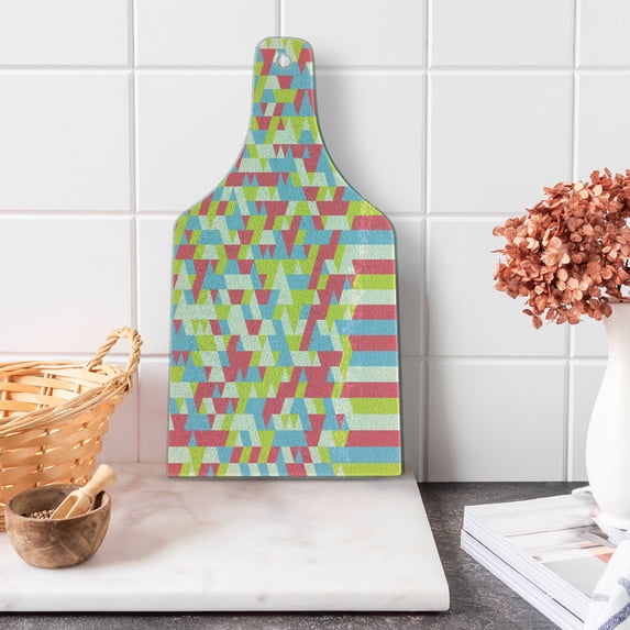 Geometric Cutting Board, Psychedelic Backdrop with Fractal Gradient Dimensional Abstract Motif, Tempered Glass Cutting and Serving Board, Wine Bottle Shape, Dried Rose Apple Green, by Ambesonne